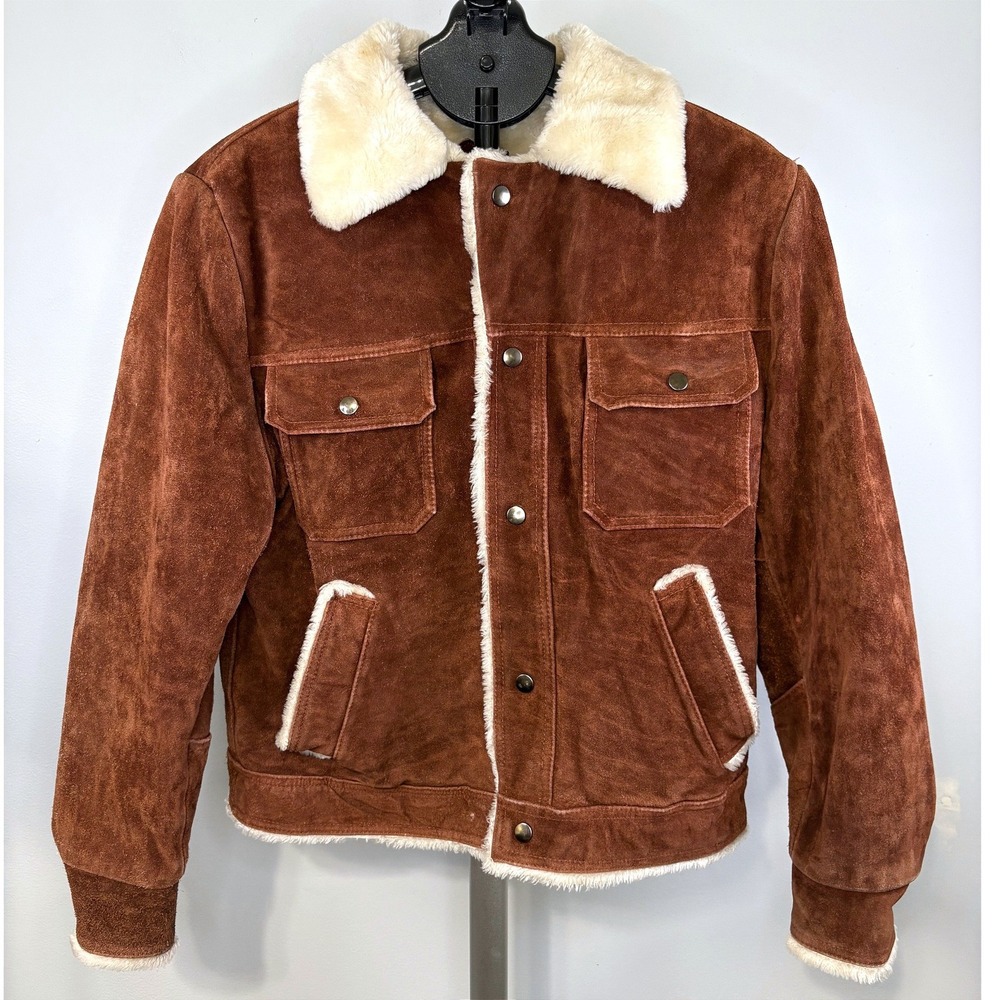Grande Bay Vintage Mens 42 Suede Trucker Jacket Faux Fur Lined Cognac Brown